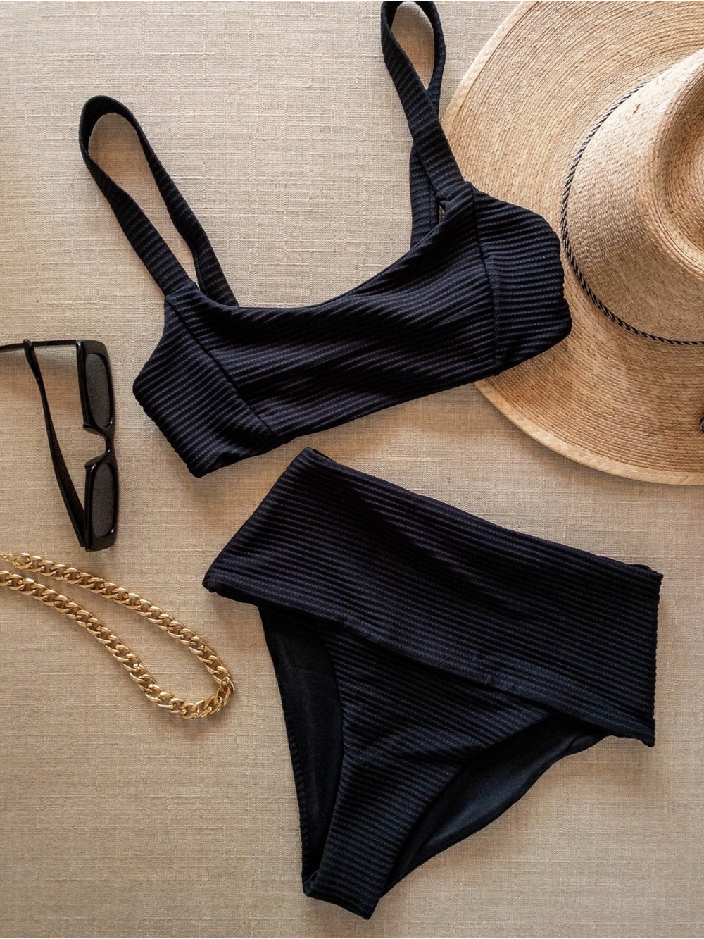 l*space Black Ribbed High Waist “Desi” Bikini Set